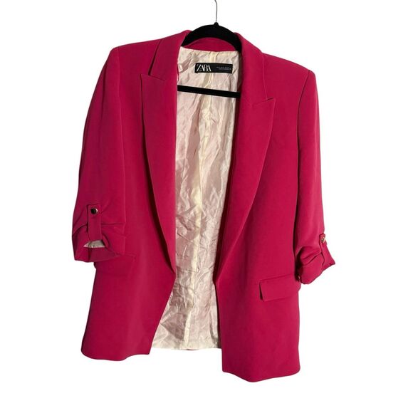 Zara Women's Peak Lapel Quarter Roll Tab Sleeve Blazer Jacket Fuchsia Small - Picture 1 of 7
